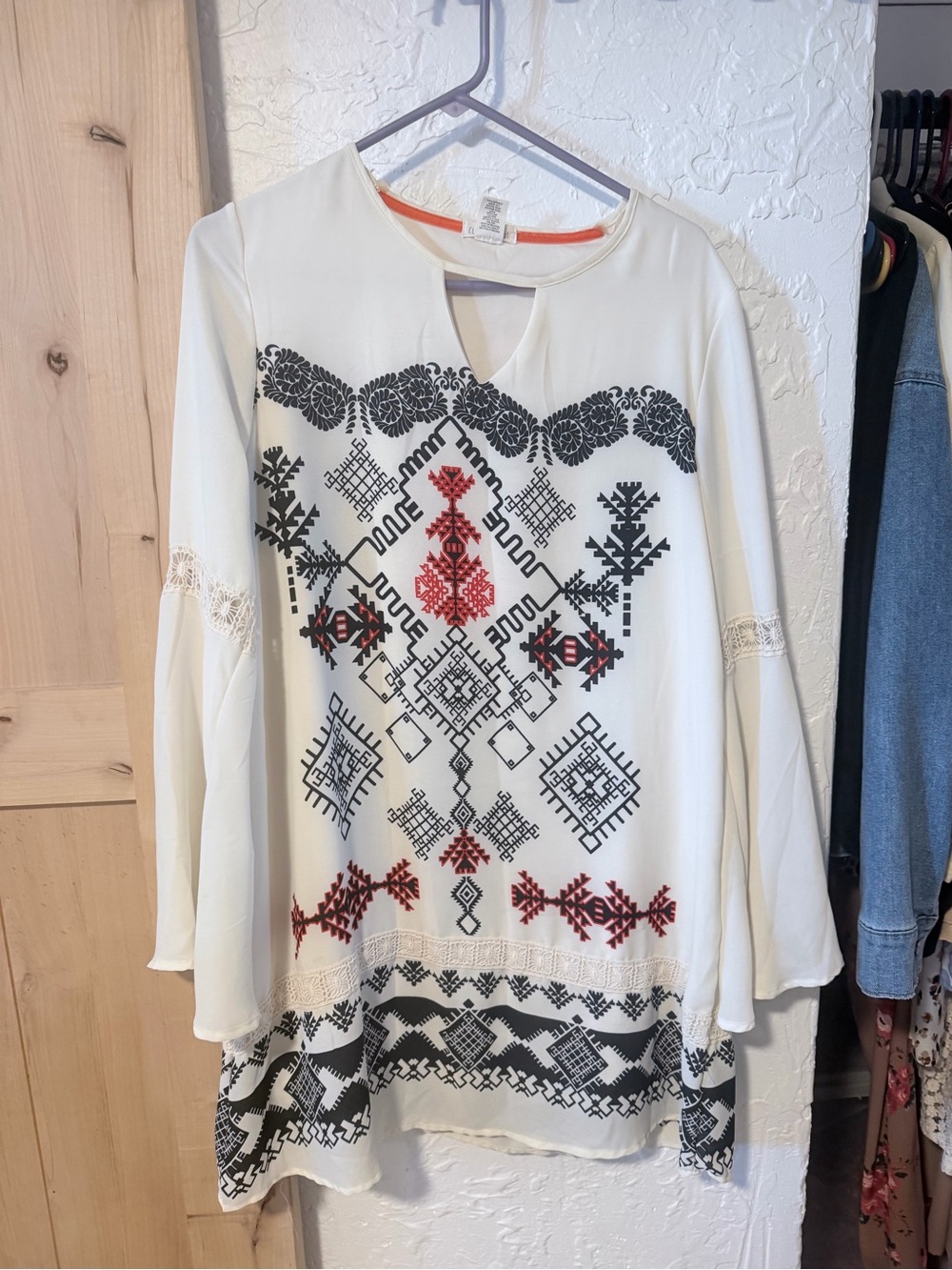 Cream Boho Embroidered Tunic Dress with Black & Red Folk Motif